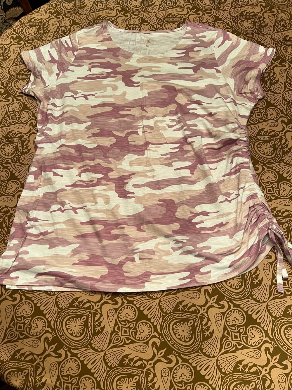 Belle by Kim Gravel Shades of Purple/Pink Camo Short Sleeve Tee - Cinched Side